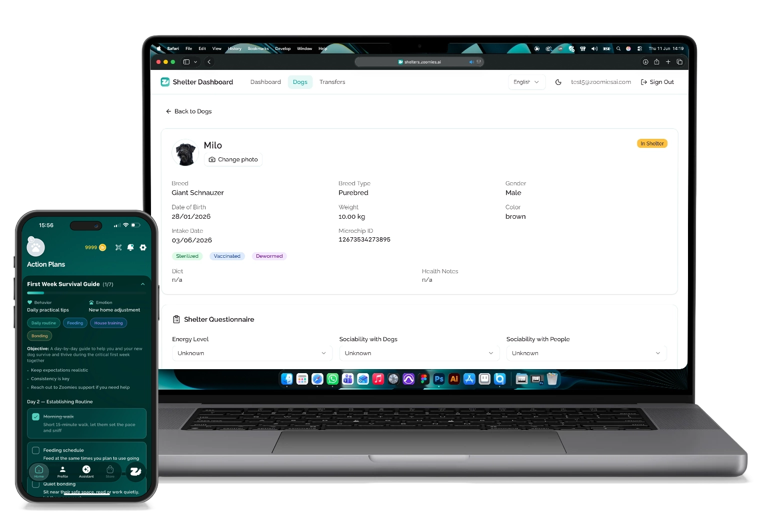Das Zoomies AI Tierheim-Dashboard mit dem Profil eines Hundes auf einem Laptop